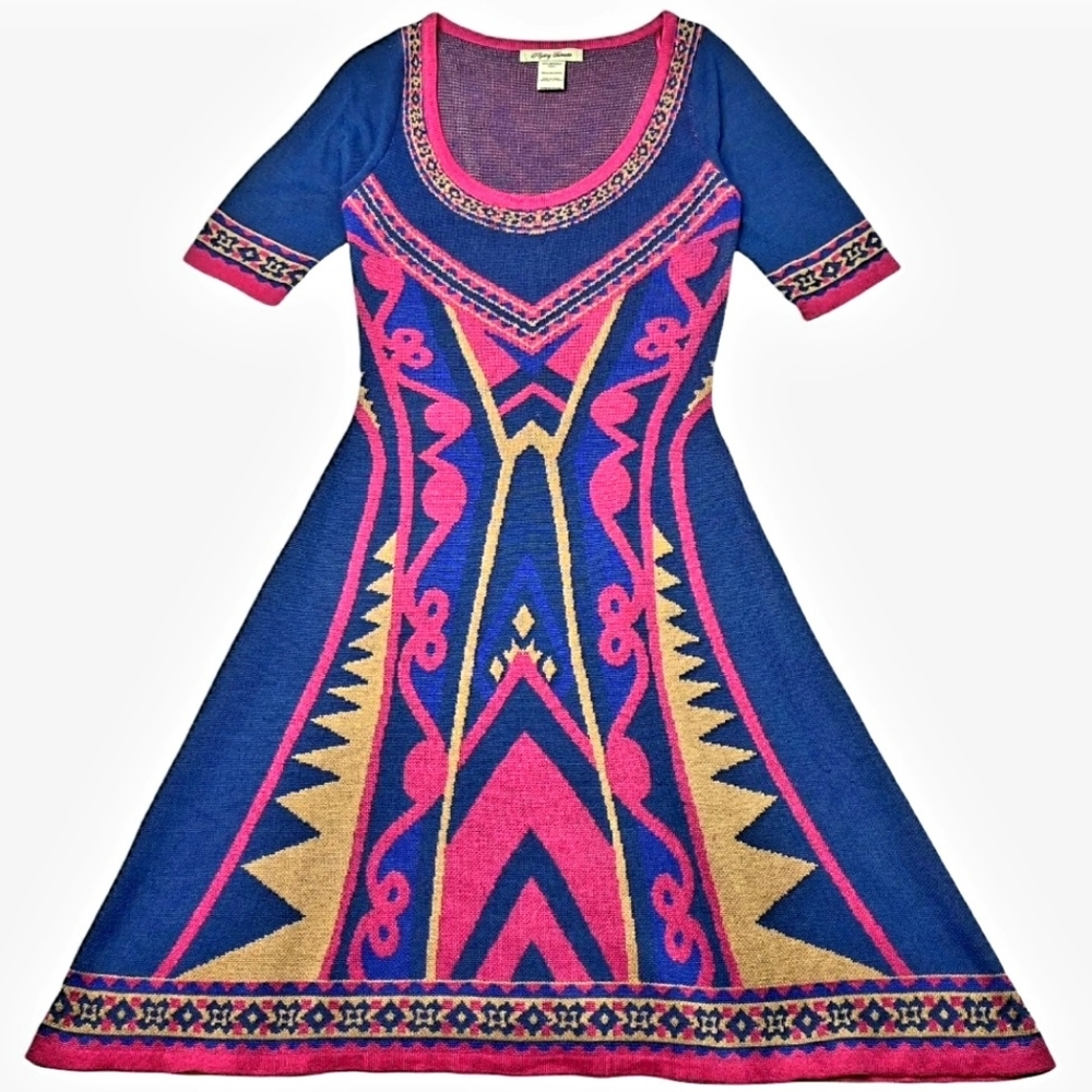 FLYING TOMATO Pink/Blue Aztec Print Short Sleeve Knit Fit & Flare Dress Sz M